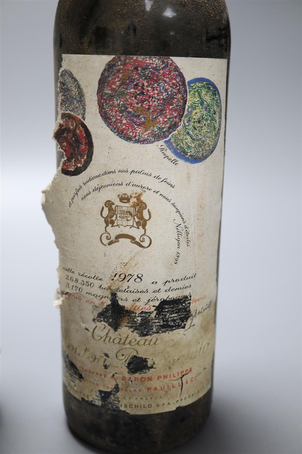 A bottle of Chateau Mouton Rothschild Pauillac 1978 and a bottle of Crozes Hermitage 1979